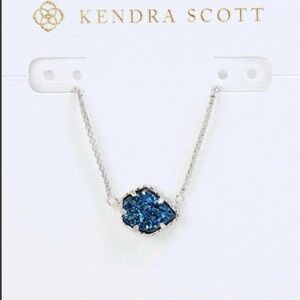 BNIB Kendra Scott Tess Blue Drusy Framed In Silver Pendant Necklace + KS DUSTBAG